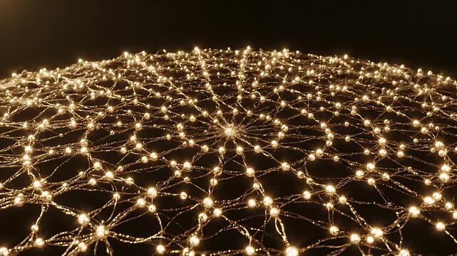 Exploring the dynamic 3D motion of an abstract golden, glowing network sphere, intricately woven with luminous connections.