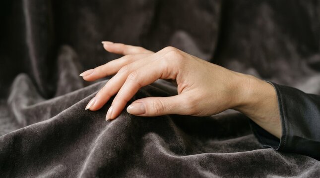An elegant hand posed with refined grace, smooth skin, subtle jewelry-free styling and luxurious fabric backdrop conveying sophistication and poise, ultra-realistic, no logos.