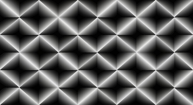 Abstract black and white geometric pattern with a repeating tessellation of luminous diamond shapes and dark squares, creating an intricate optical illusion