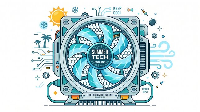 Summer tech electronics cooling unit graphic design illustration featuring a powerful fan with circuit boards heat management symbols and icy ventilation airflow for hot hardware temperature