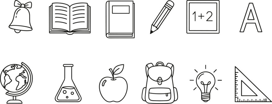 School and education icon collection featuring books, pencil, math, letter, globe, flask, apple, backpack, light bulb, and ruler