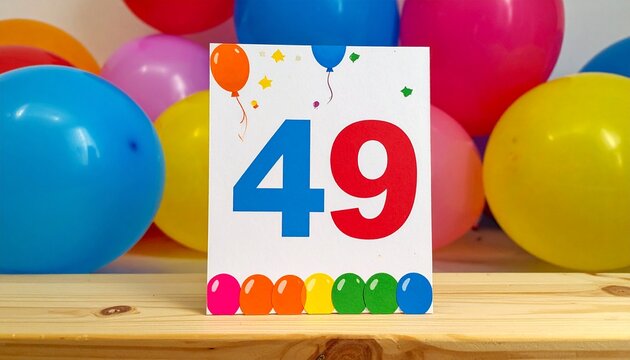 Birthday or anniversary card with number 49 with bright colors and balloons