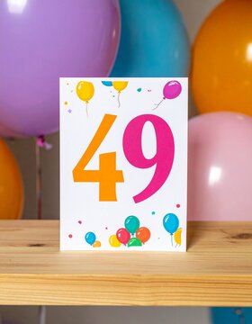 Birthday or anniversary card with number 49 with bright colors and balloons