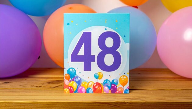Birthday or anniversary card with number 48 with bright colors and balloons