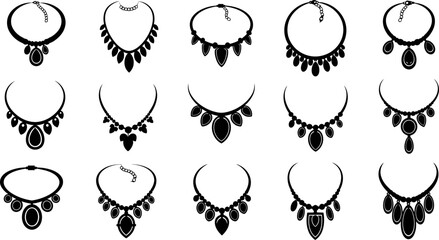 Fototapeta premium Large set of various necklaces and pendants in black silhouette on transparent background eps.