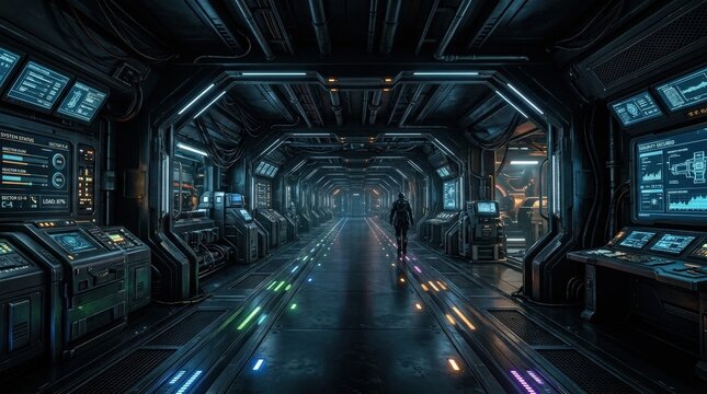 An illuminated control pathway with glowing indicators, sleek industrial design and focused perspective lines, cool dramatic light and a high-stakes technological atmosphere, ultra-realistic, no