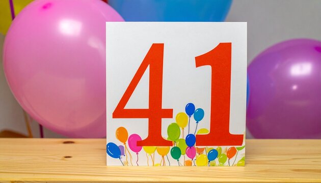 Birthday or anniversary card with number 41 with bright colors and balloons