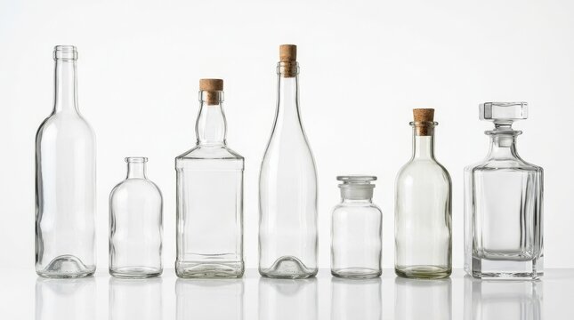 A row of empty bottles on a clean white background, glass reflections, varied shapes and crisp minimal lighting, ultra-realistic, no logos.