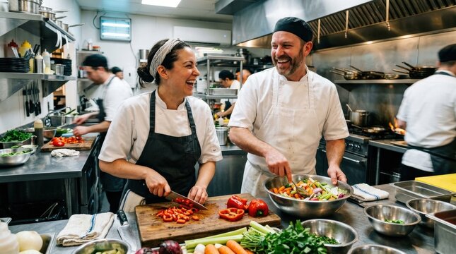 Adult chefs laughing while preparing vegetables in a restaurant kitchen, crisp produce, bright stainless surfaces and candid teamwork, lively culinary atmosphere, ultra-realistic, no logos.