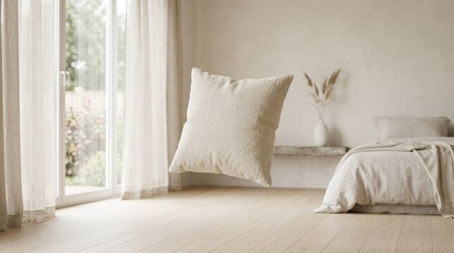 A soft pillow appearing to float in a calm airy room with diffuse light and minimal styling, tranquil dreamlike comfort, ultra-realistic, no logos.