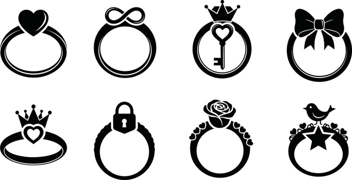 Jewelry ring silhouette collection featuring hearts crowns keys bows and floral motifs eps.