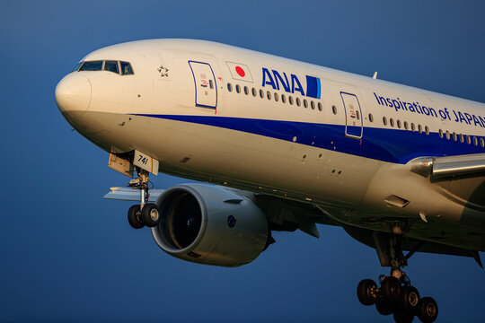 Fukuoka, Japan - August 10, 2017: All Nippon Airways (ANA) Boeing 777-200ER (JA741A) on final approach to Fukuoka Airport during sunset