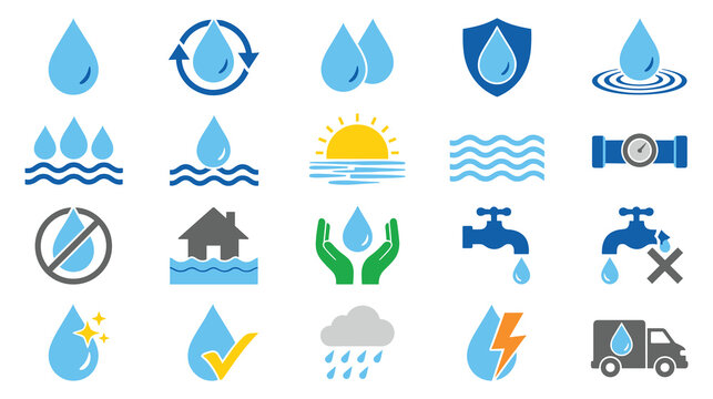 Water drop icons, liquid and ecology symbols, hydration and protection.