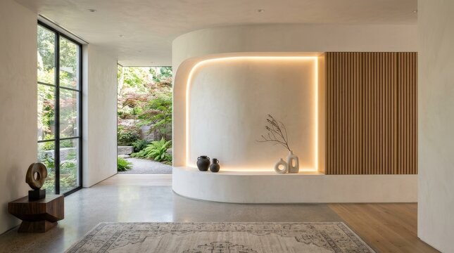 An empty modern living space with a curved recessed wall niche, warm LED glow, vertical wooden slat panels and sculptural minimalism in a tranquil upscale setting, ultra-realistic, no logos.