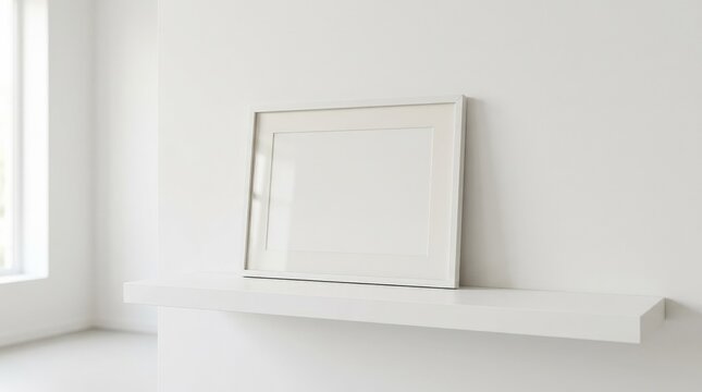 A horizontal picture frame mockup resting on an empty white shelf, minimalist styling and soft natural light creating a clean gallery-like composition, ultra-realistic, no logos.