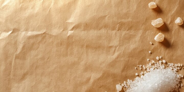 Sugar grains scattered on brown paper surface