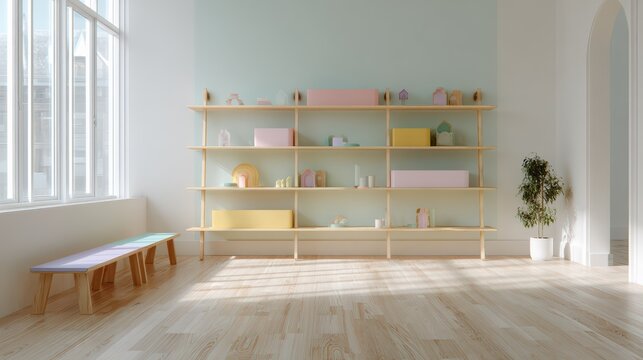 minimal kindergarten playroom, empty floor space, light wood shelves, pastel decor, bright and fresh feeling, realistic photography 