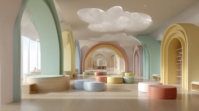 empty kindergarten indoor play area, minimal design, soft flooring, pastel colors, fresh modern atmosphere