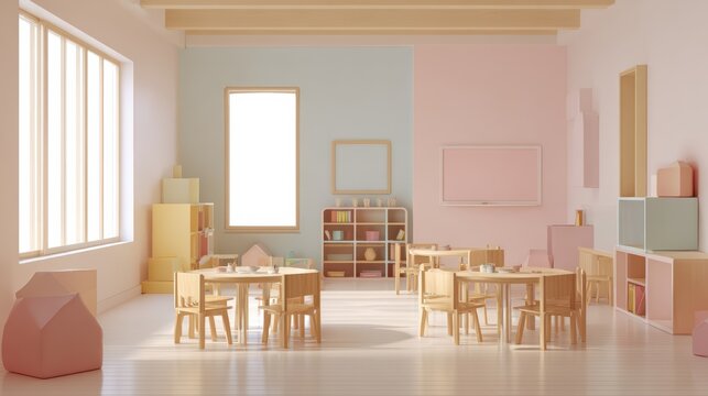 minimal preschool learning space, empty room, simple educational elements, pastel palette, fresh and friendly environment 