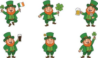 Fototapeta premium Cute leprechaun character set with shamrock beer and Irish flag festive Saint Patricks Day cartoon illustrations