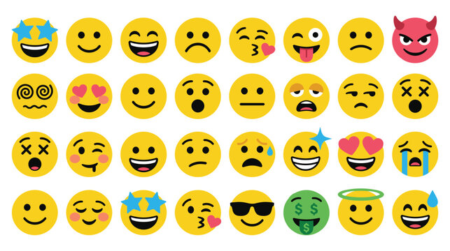Set of cartoon emoji faces for social media and messenger communication.