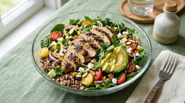 A fresh grilled chicken quinoa salad in a clear bowl on a green background, colorful vegetables, wholesome grains and appetizing natural light with a clean healthy mood, ultra-realistic, no logos.