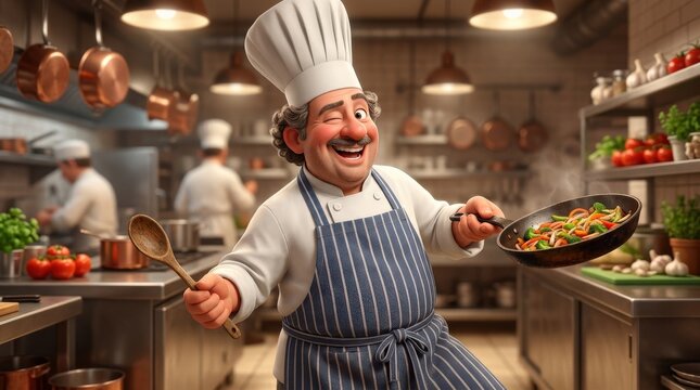 A joyful cartoon chef in a chef hat and apron holding a frying pan and wooden spoon, expressive pose with bright culinary charm, ultra-realistic, no logos.