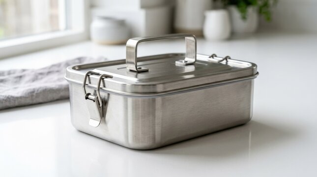 A metallic food container with a portable handle on a white surface, brushed metal finish and clean practical lunchbox styling, ultra-realistic, no logos.