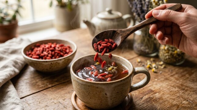 A wooden spoon tipping goji berries into a cup of tea, with a bowl of berries softly blurred in the background, warm herbal wellness atmosphere, ultra-realistic, no logos.