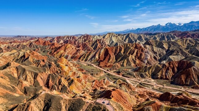 An expansive aerial view of the Danxia landform in the Qilian Mountains under a clear blue sky, dramatic geological layers and sweeping natural scale, ultra-realistic, no logos.