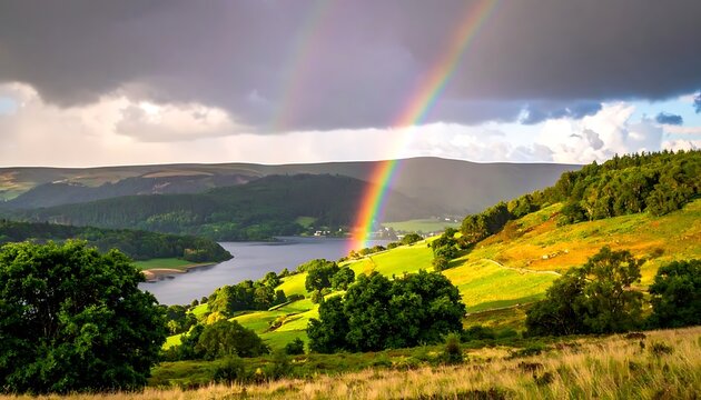 A serene landscape with a double rainbow over a lake and rolling hills