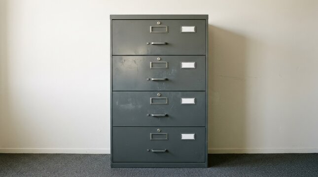 A gray metal filing cabinet with four drawers against a plain background, utilitarian office storage design, clean industrial lines, ultra-realistic, no logos.