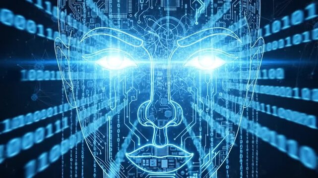 Digital Artificial Intelligence Face with Glowing Eyes and Futuristic Design.