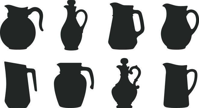 Pitchers and decanters collection isolated on transparent background for liquids.
