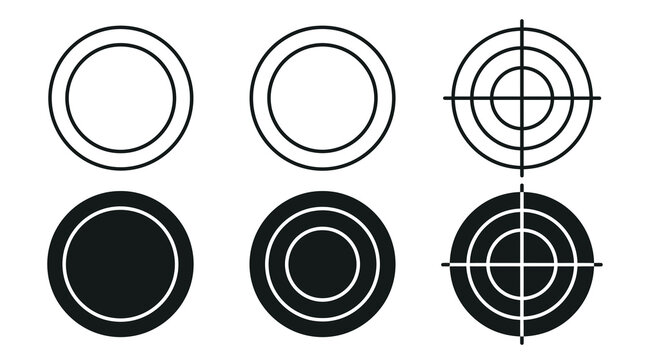 Circular target variations black and white icons with concentric rings and crosshairs