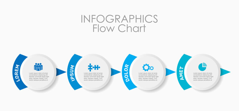 Linear business infographic flowchart with four circular steps, arrows, icons, and placeholder text on white background. Vector illustration.