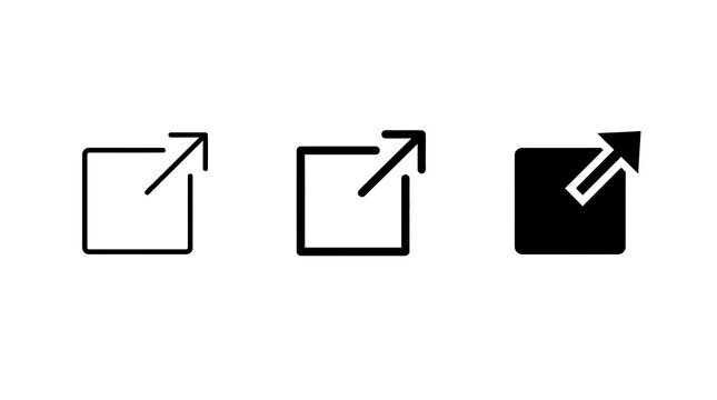 Three black and white icons depicting external link or open in new tab