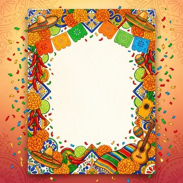 Festive border design with sombreros, guitars, and vibrant colors, perfect for celebrations.
