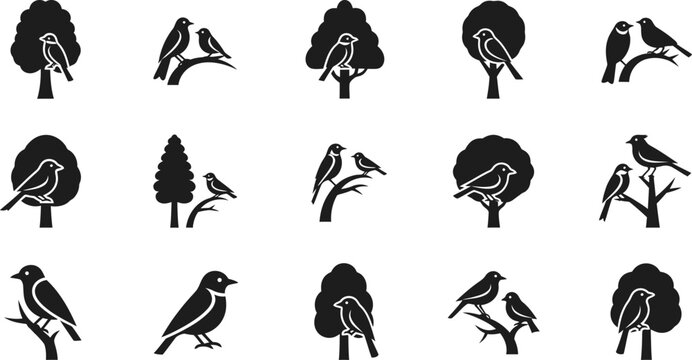 Set of fifteen icons depicting birds sitting on trees branches vector graphic in eps file.
