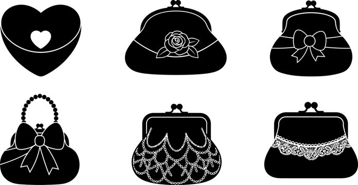 Set of black silhouettes of clutch purses and handbags with various decorative elements eps.