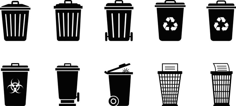 Waste management trash bin and recycling container silhouette collection graphic design eps.