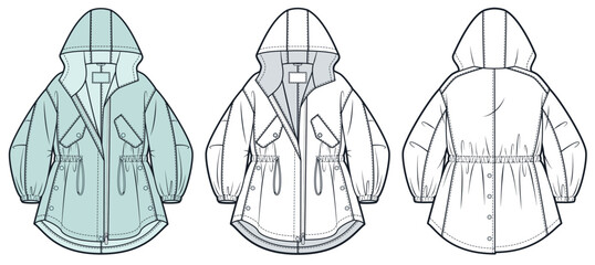 Unisex Hooded Parka Jacket Fashion Flat Technical Drawing Template Featuring Drawstring Waist Flap Chest Pockets and Front Back Views © Liubov Hladka