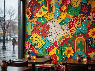 Obraz premium Vibrant, colorful wall decor with flowers and patterns inside a cozy restaurant on a rainy day.