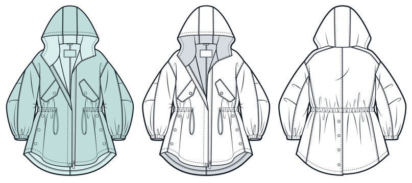 Unisex Hooded Parka Jacket Fashion Flat Technical Drawing Template Featuring Drawstring Waist Flap Chest Pockets and Front Back Views