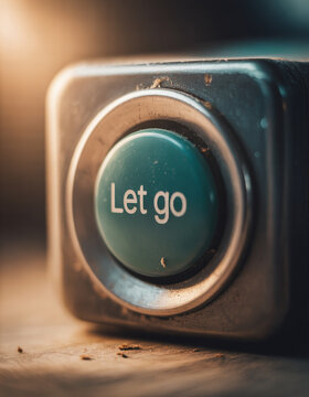 Silent control power not speaking worn green button engraved with Let go rests on wooden surface conveying calm release and quiet strength in warm light