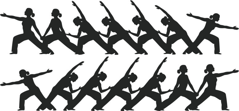 Woman silhouette sequence stretching and yoga poses on transparent background for fitness.