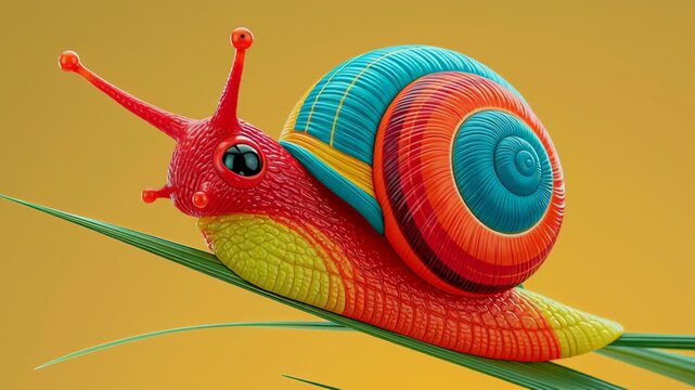 Colorful snail with vibrant shell and textured body crawls along green grass blade against a bright yellow background, showcasing its unique patterns and colors