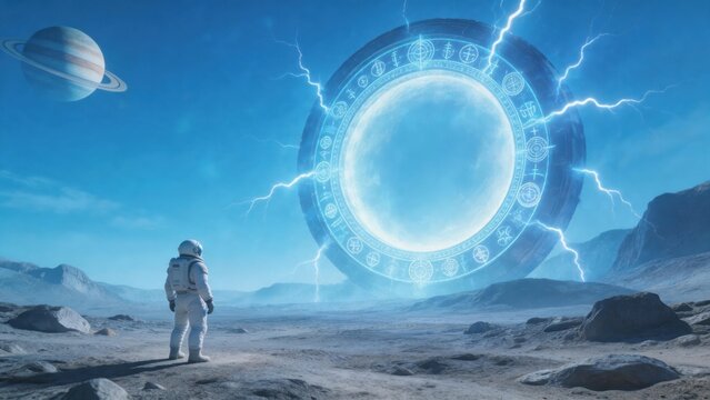 Astronaut on alien planet with portal