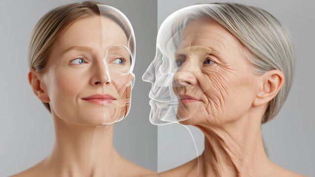 Young Caucasian woman and older woman with facial anatomy overlay showing aging progression, highlighting skin texture and muscle structure in a neutral studio setting