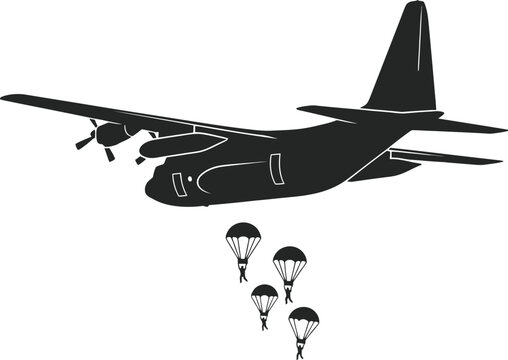 Military transport plane drops paratroopers in airborne operation.